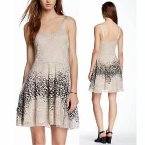 Free People Women's Beige & Black Lace Flocked Velvet Mini Dress Size Small